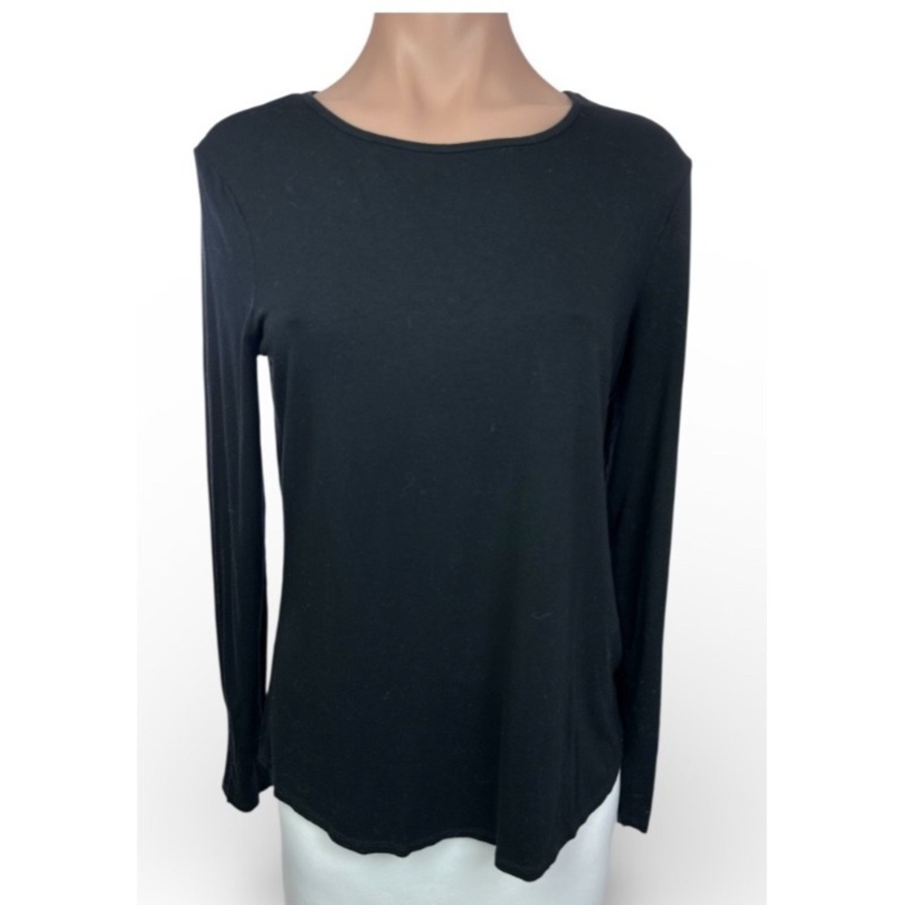 by Chico's Black Pullover Top Sz 1/Medium Asymmetric Hem & Sleeves Rayon/Spandex